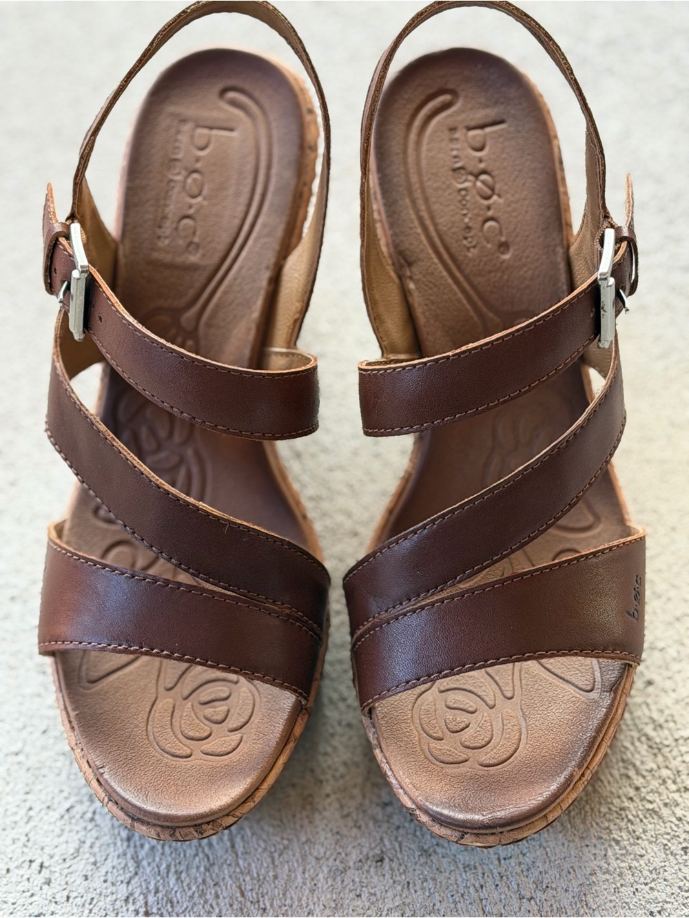 b.o.c. Dark Brown Leather Strappy Wedge Sandals
